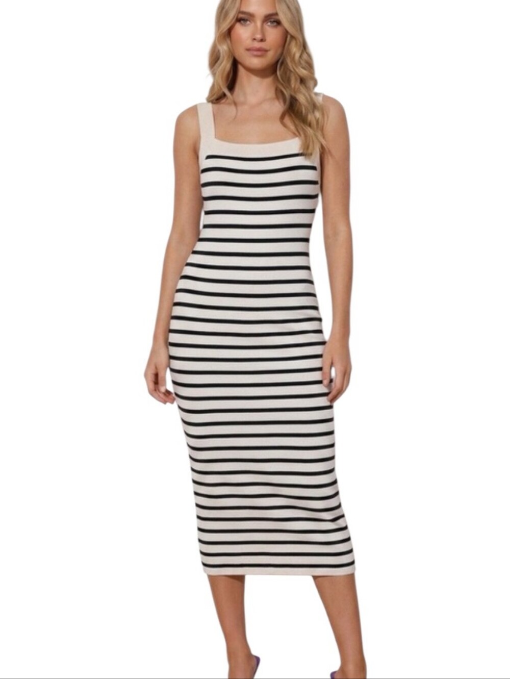 LOFT Striped Square-Neck Midi Dress in Cream and Black Size S NWT